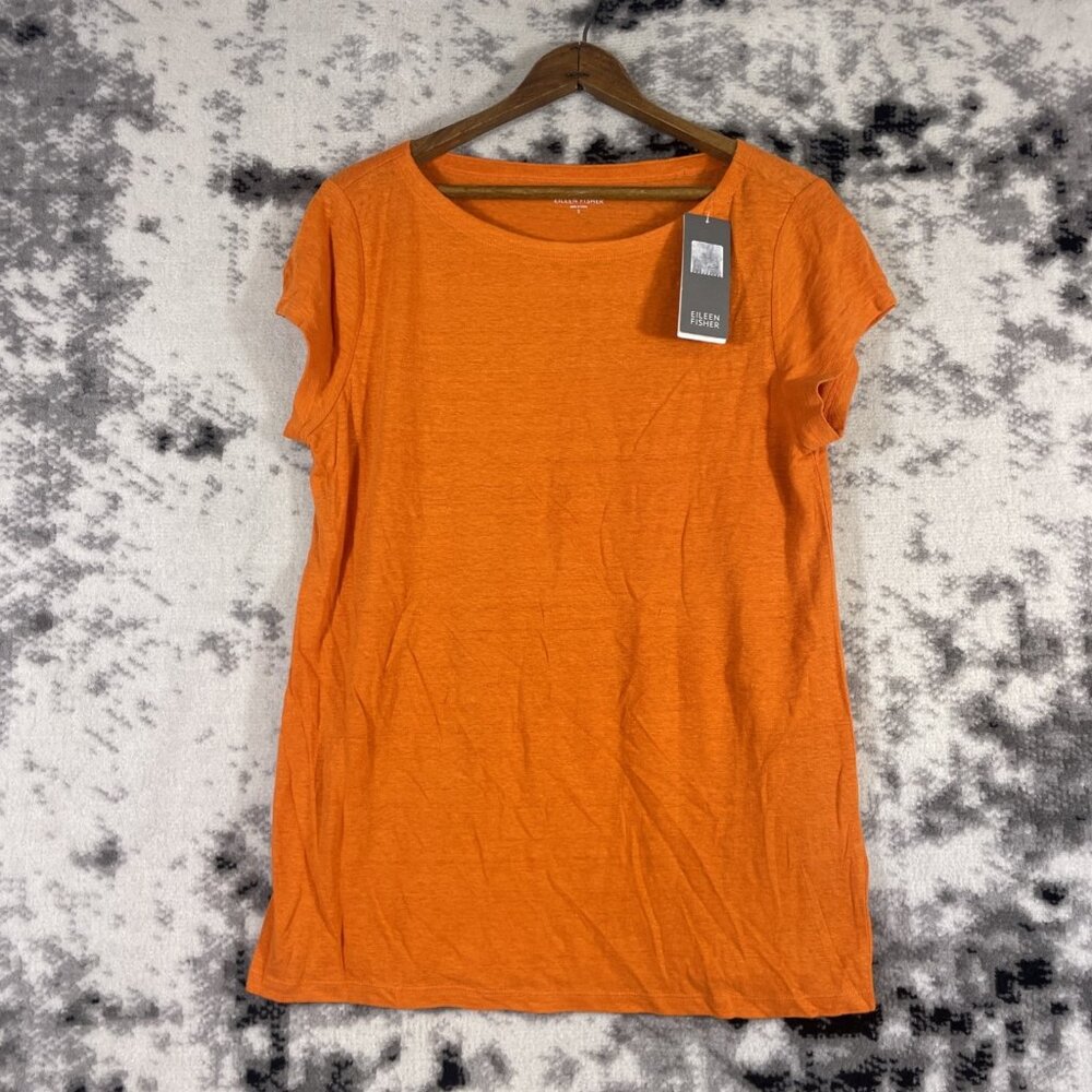 Eileen Fisher Top Womens Size Small Orange Organic Linen Short Sleeve Hippie‎